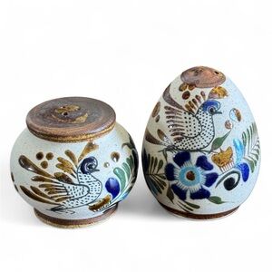 Vintage Tonala Pottery Salt Pepper Shakers Hand Painted Floral Birds Mexico